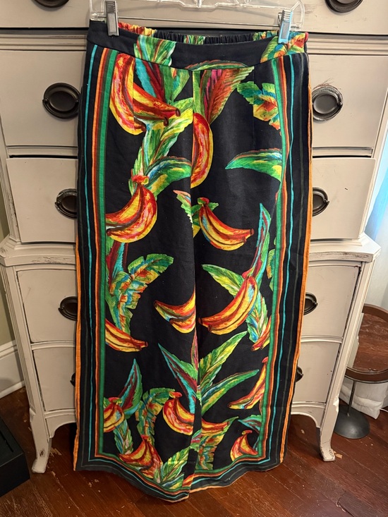 FARM Rio Pants - FARM Rio Wide Leg Linen Preta Banana Tropical Fruit Print Pants M